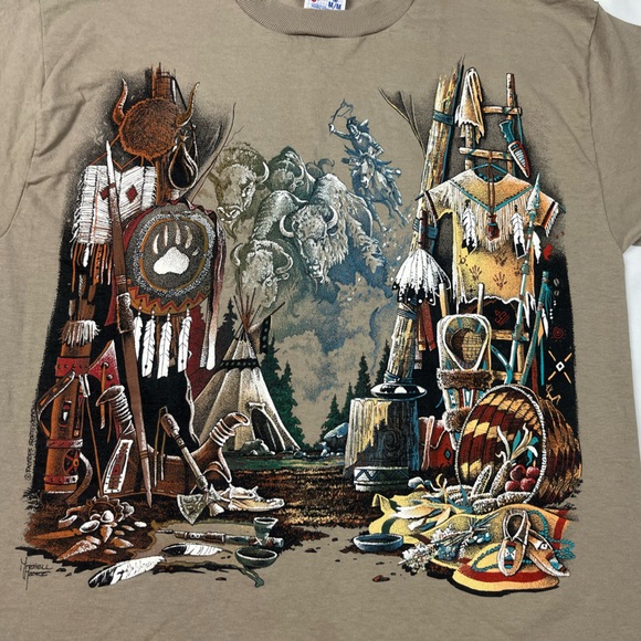 Vtg Montana Native American Indian Mens T-Shirt Sz Medium 90s Beige/Tan B5 - Picture 4 of 8